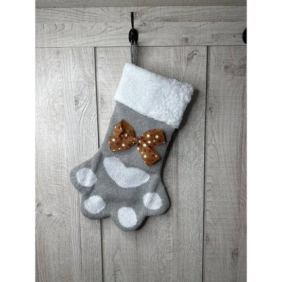 Other - Gray White Paw Shaped Christmas Pet Stocking w/ Bow & Sherpa Cuff 18" Long